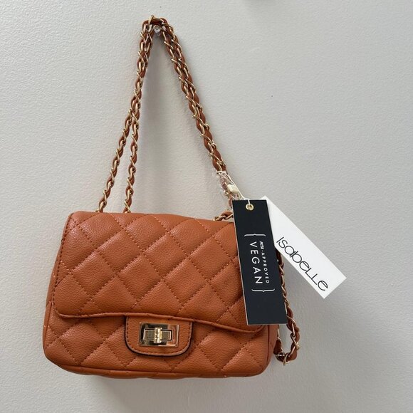 Isabelle Quilted Vegan Leather Crossbody – Tan, Gold Chain Strap - Picture 3 of 6